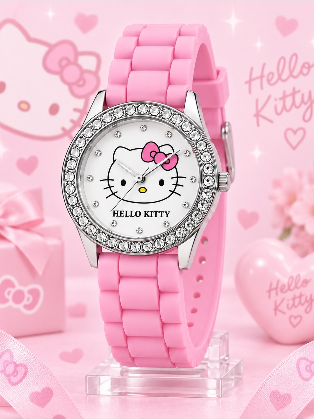 Hello Kitty Rhinestone Watch Pink Silicone Strap Silver Tone
